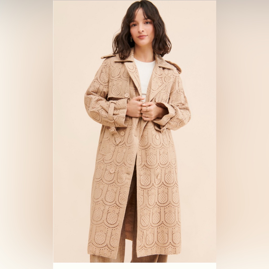 Farm Rio Eyelet Trench Coat Tan Embroidered Long Jacket Sz M